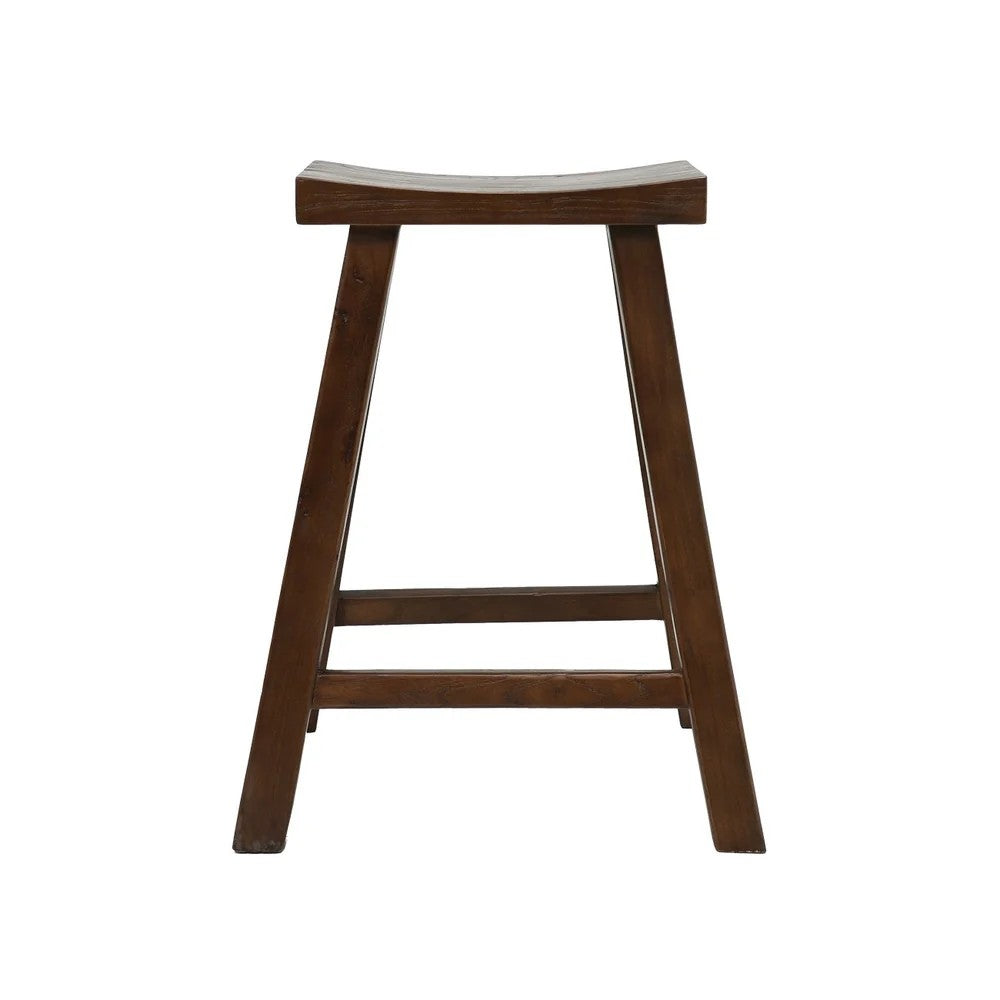 A dark brown wooden bar stool with a curved seat and four angled legs connected by a front support rail, shown against a plain white background.