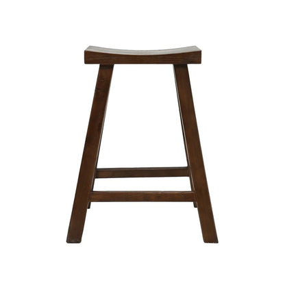 A dark brown wooden bar stool with a curved seat and four angled legs connected by a front support rail, shown against a plain white background.