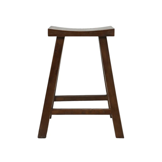 A dark brown wooden bar stool with a curved seat and four angled legs connected by a front support rail, shown against a plain white background.