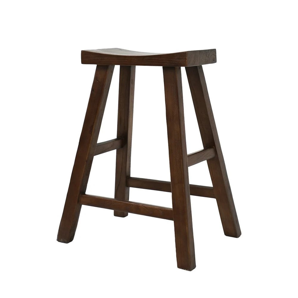 A dark brown wooden bar stool with a curved seat and four angled legs connected by front and back stretchers, shown on a plain white background.
