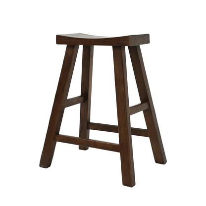 A dark brown wooden bar stool with a curved seat and four angled legs connected by front and back stretchers, shown on a plain white background.