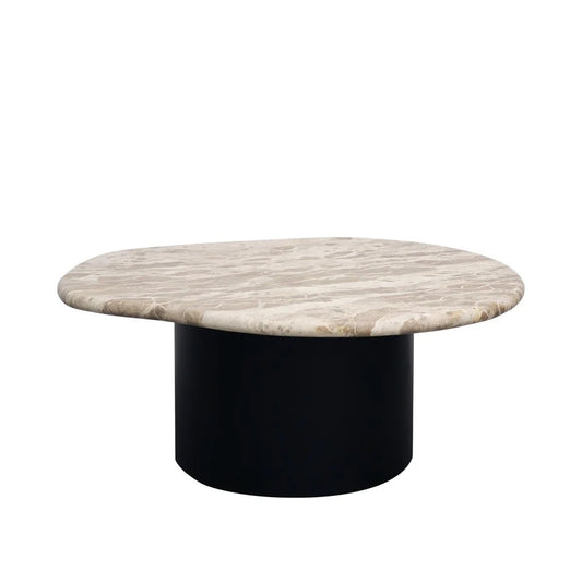 Organic shaped marble coffee table with a black cylindrical base on a white background