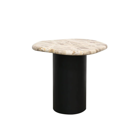 A modern side table featuring an organic, light beige marble top with natural veining and a cylindrical black metal base, shown against a plain white background.