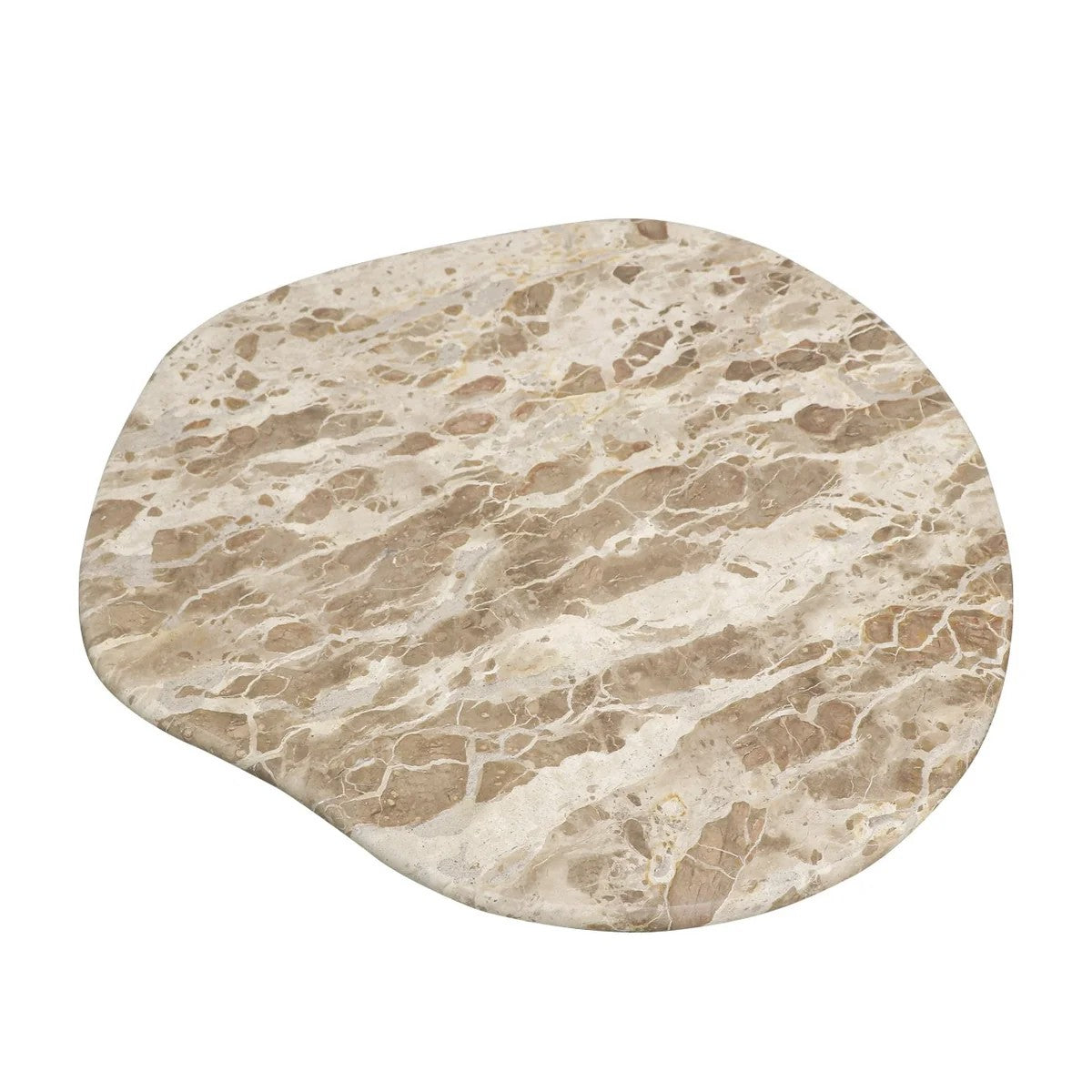 Organic shaped marble table top with beige and brown panther pattern on a white background
