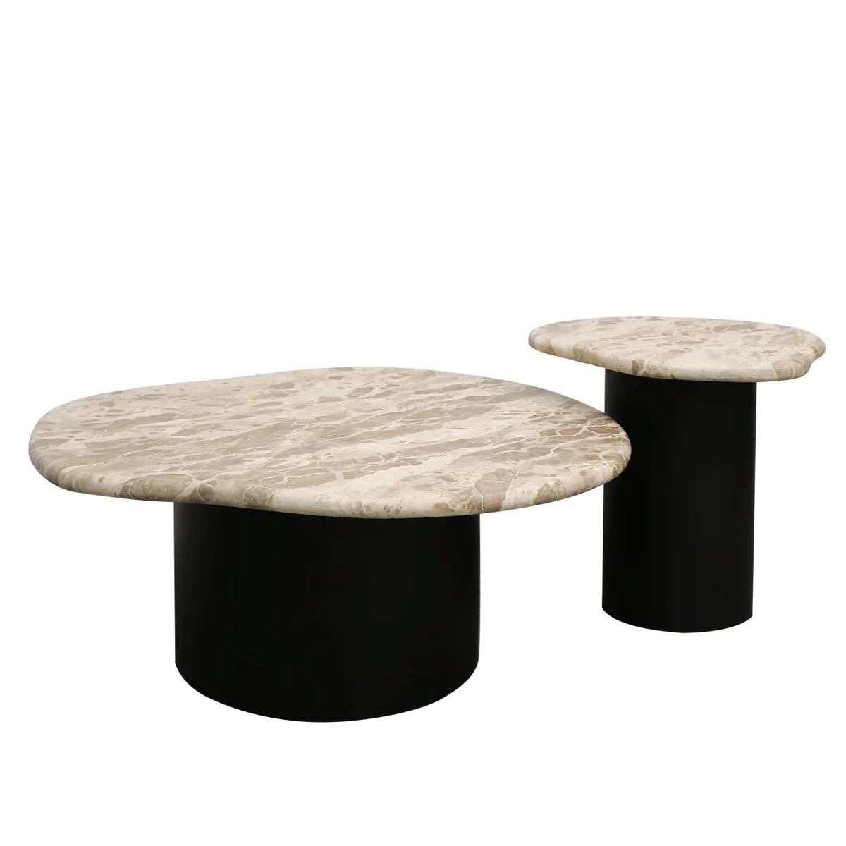 Two organic shaped marble top tables with black cylindrical bases on a white background