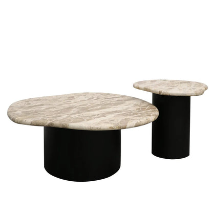 Two organic shaped marble top tables with black cylindrical bases on a white background