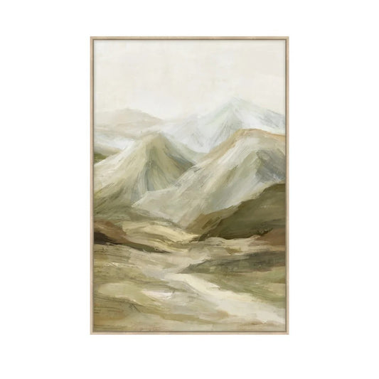 A framed landscape painting featuring soft, abstract mountains and a pale sky in muted beige, gray, and brown tones, shown against a plain white background.