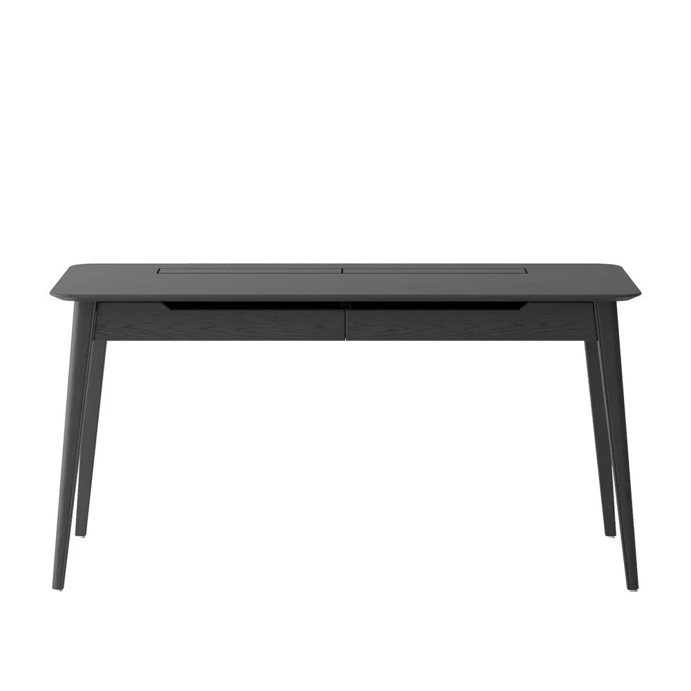 A minimalist black writing desk with tapered legs, shown against a solid white background.