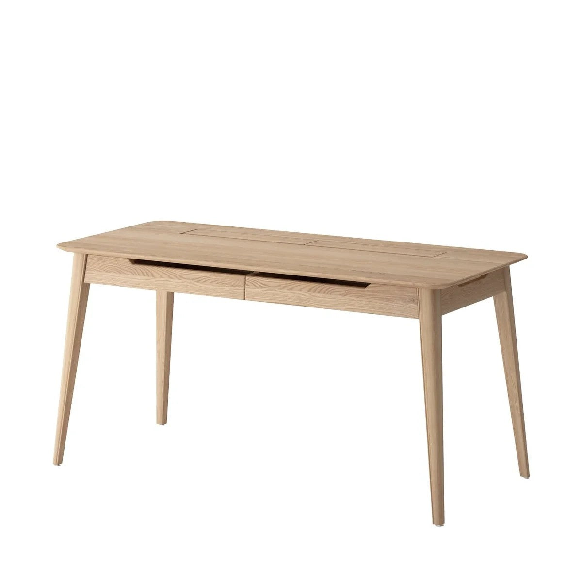 Wooden desk with a minimalist design on a white background