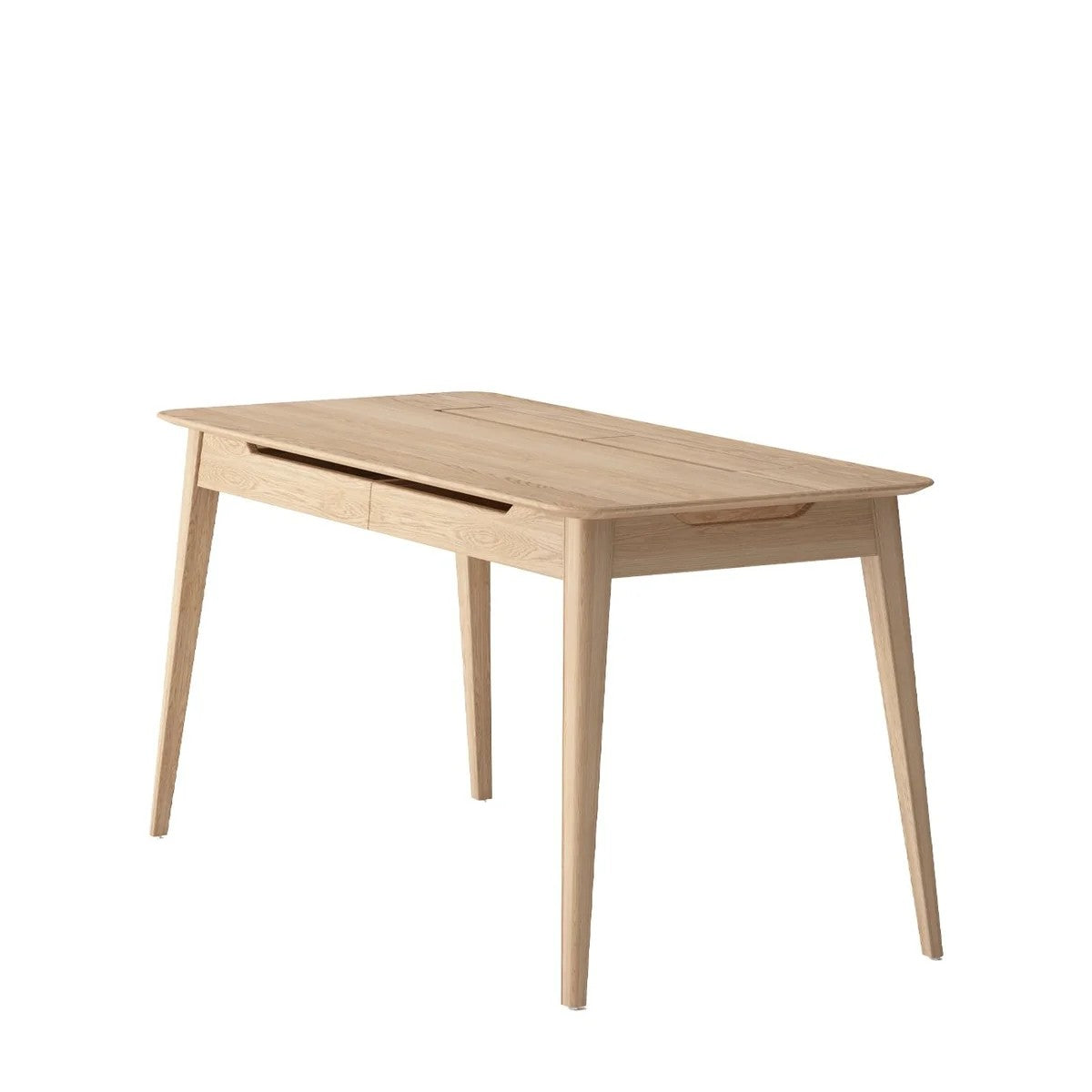 A light natural oak wood writing desk with a rectangular top, two drawers, and tapered legs, shown on a solid white background.