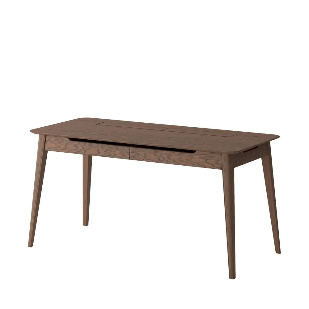 A mid-century modern wooden writing desk with a dark walnut finish, featuring tapered legs, a central drawer, and a built-in cable management slot on the top surface, shown against a plain white background.