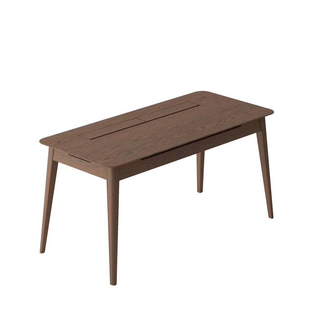 Wooden desk with a minimalist design on a white background