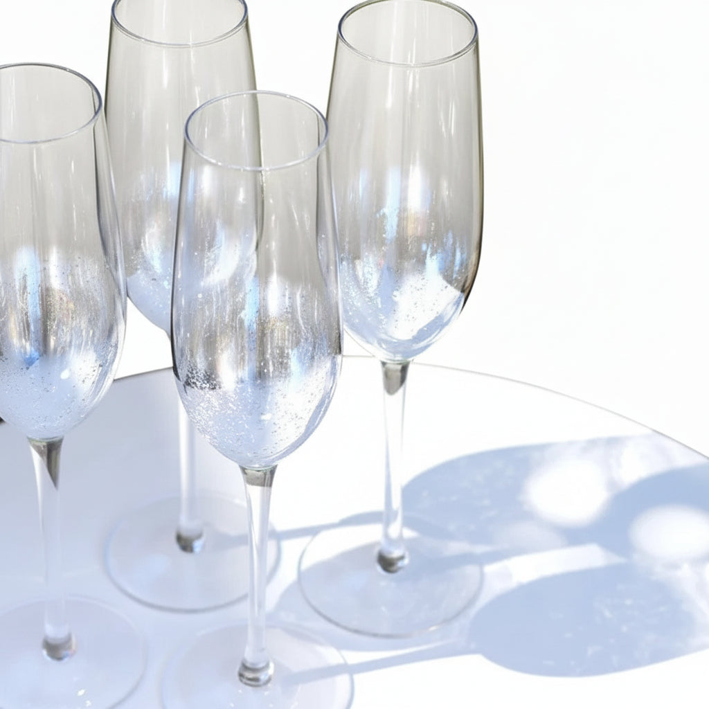 Set of clear champagne flutes on a white surface with greenery in the background