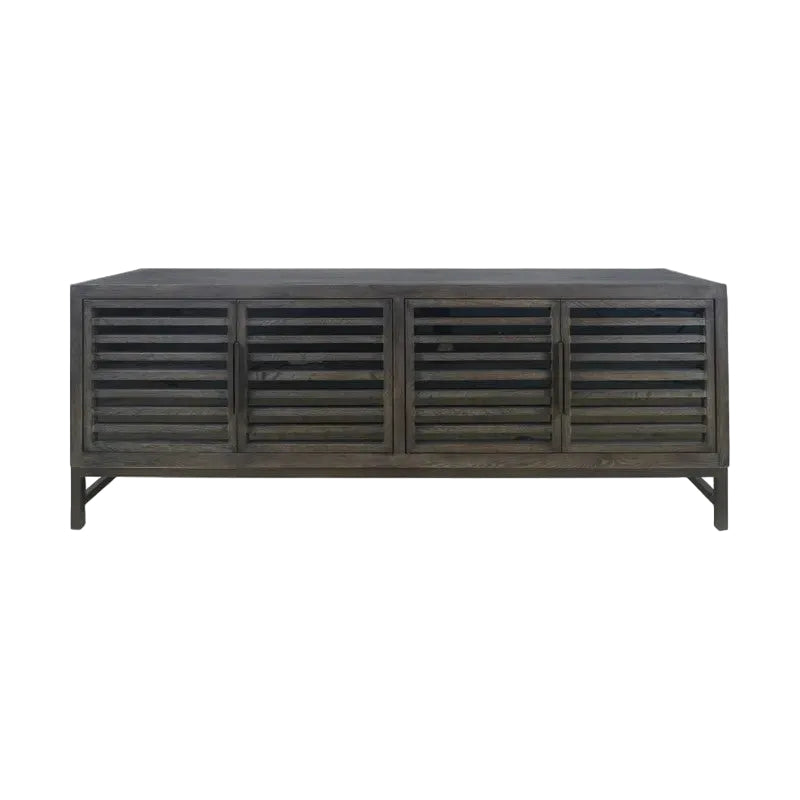 A Grey coloured slatted low wooden cabinet on a white background 