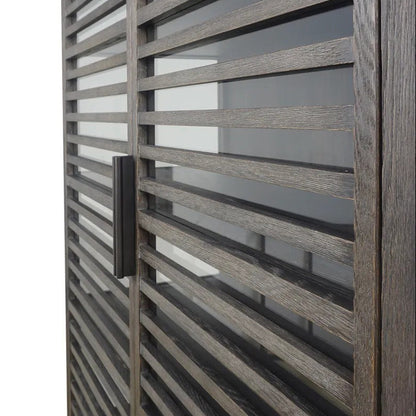 Close-up of a modern wooden slatted doors with dark metal horizontal battens and a vertical dark handle, shown against a white background.