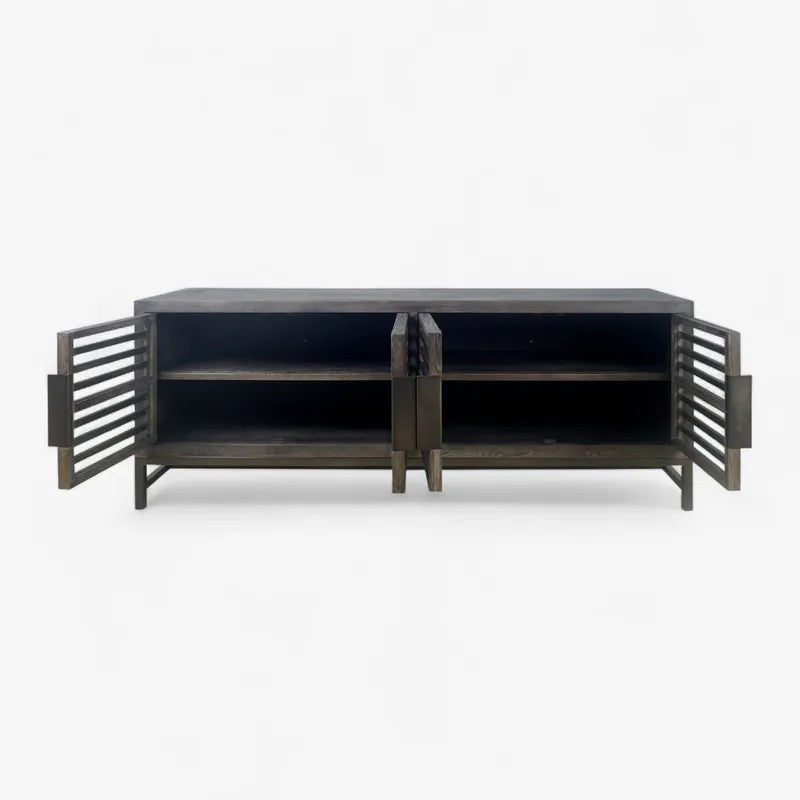 A dark wood low unit/tv cabinet with open slatted doors and two interior shelves, shown against a plain white background.