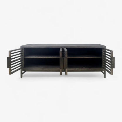 A dark wood low unit/tv cabinet with open slatted doors and two interior shelves, shown against a plain white background.