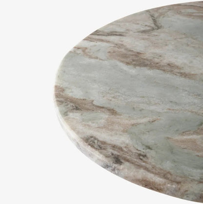 Round marble table top with beige and brown tones on a white background