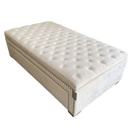 Rectangular Buttoned and Studded Ottoman - Ivory