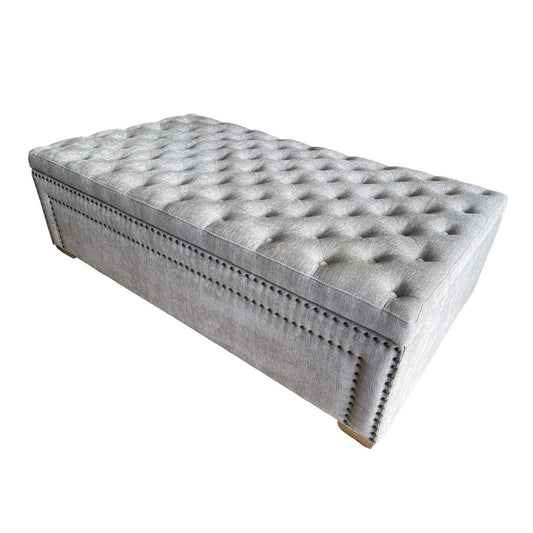 Rectangular Buttoned and Studded Ottoman - Grey