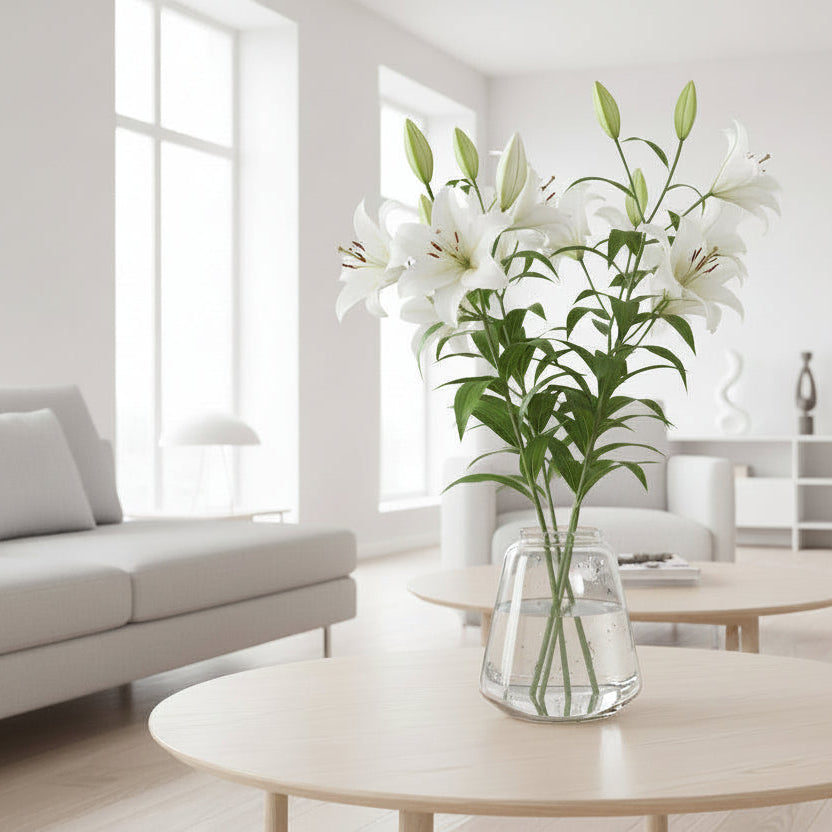 Modern living room with a trillion vase of white lilies on a coffee table
