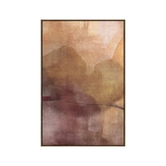 An abstract framed wall art print featuring a textured, painterly design in warm earthy tones of brown, beige, and muted plum, enclosed in a thin dark frame against a solid white background.