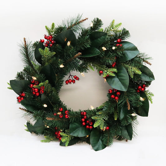 Magnolia Leaf + Berry Wreath with Lights