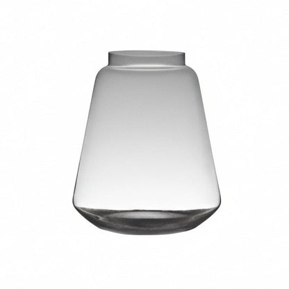 A clear hand blown glass vase with a diamond-shaped pattern